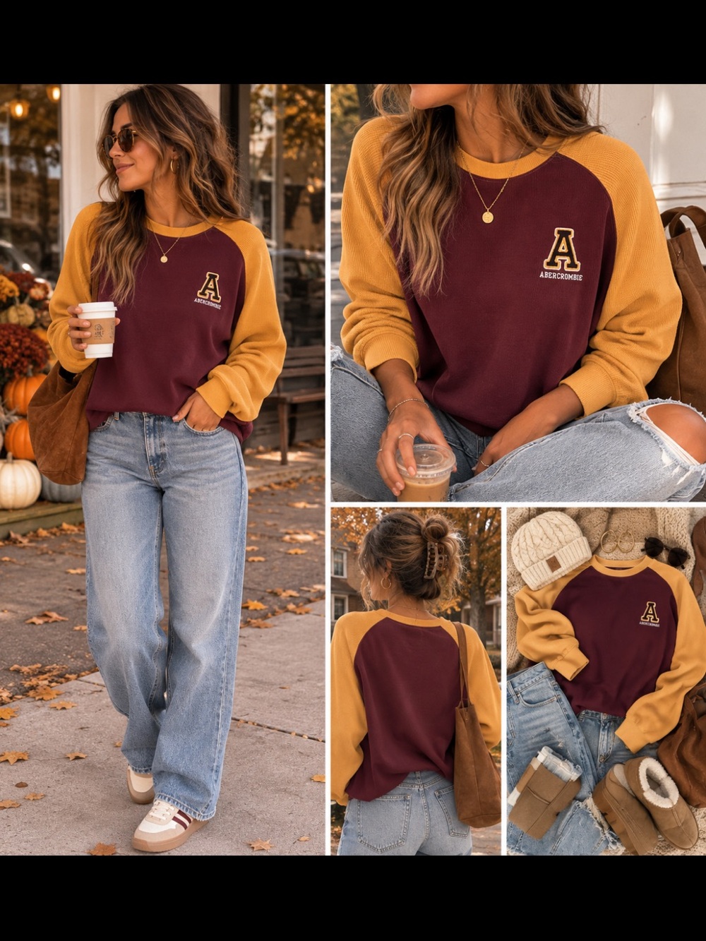 abercrombie kids Two-Tone Raglan Sweatshirt in Maroon and Mustard